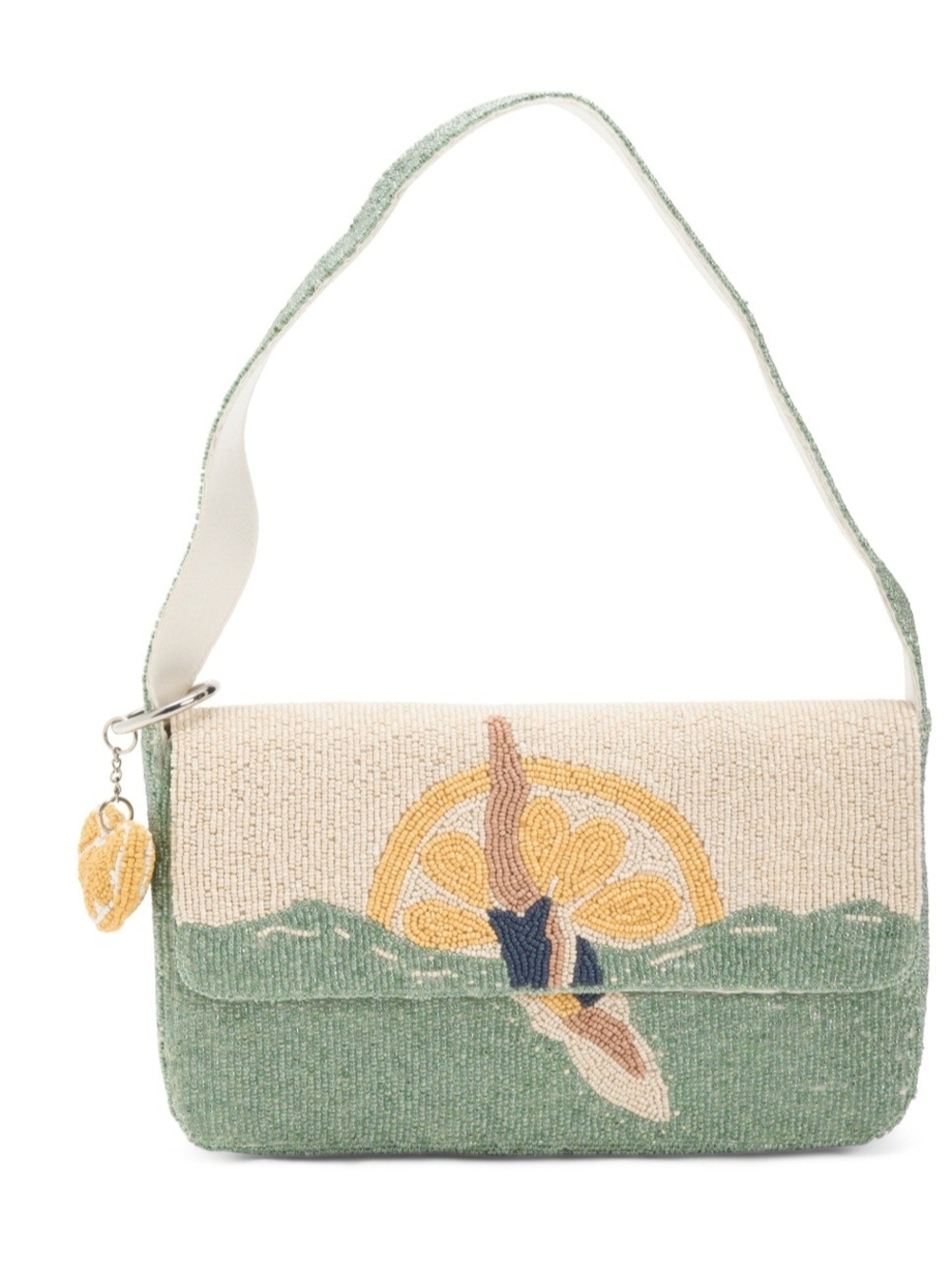 Beaded Lemon Wave Sea Dive Shoulder Bag - Green/Cream Made in INDIA